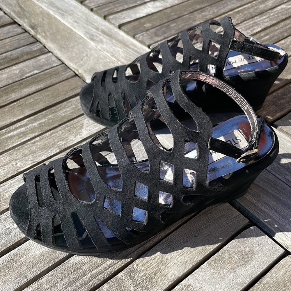 STEVE MADDEN JSLITHER GIRLS CAGED OPEN TOE WEDGE HEELS SANDAL